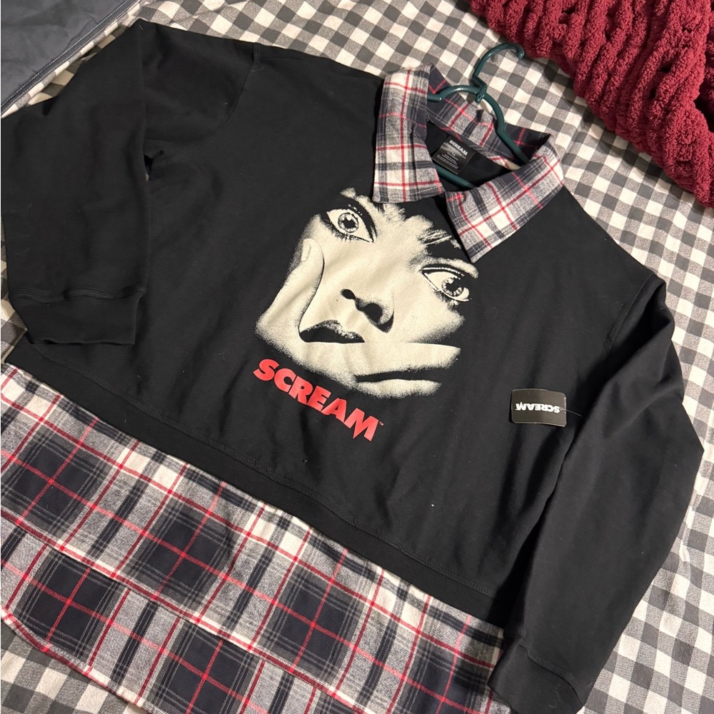 Scream Graphic Plaid Hem Long Sleeve Tee - Black/Red